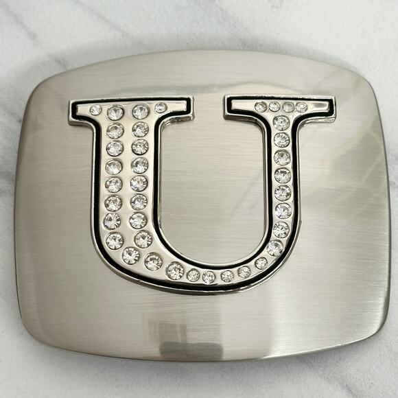 Rhinestone Studded U Letter Initial Monogram Silver Tone Belt Buckle ✨ - Picture 1 of 13